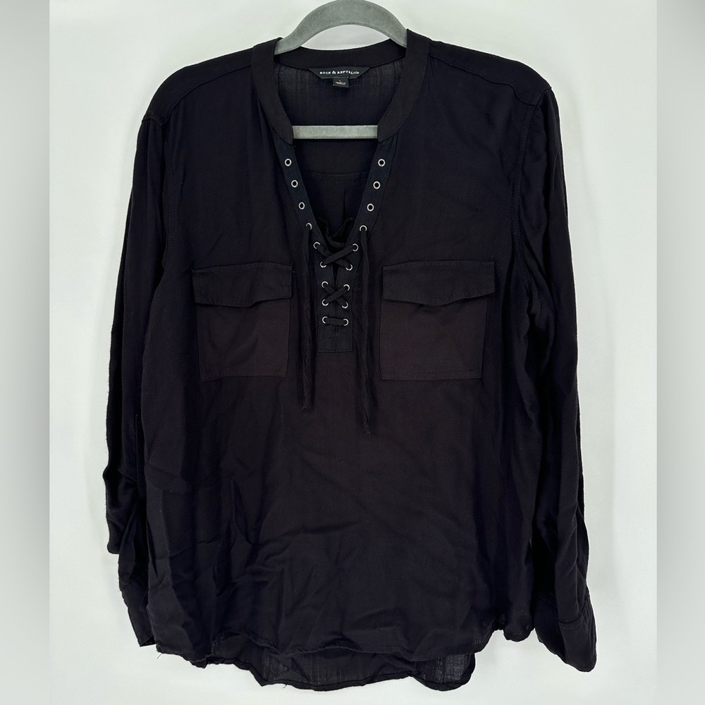 Rock & Republic Lace Up Blouse Womens Large Black Long Sleeve High Low Roll Tab